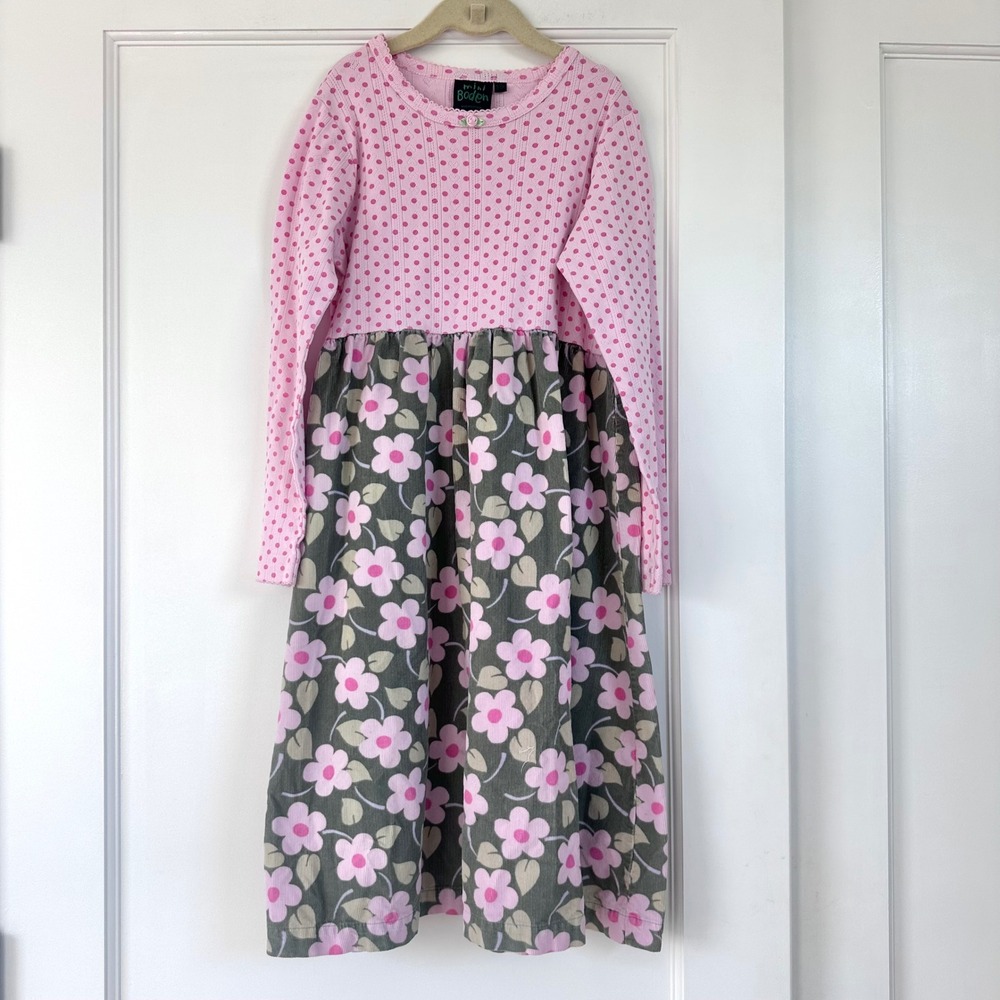 Mini Boden Girls Pink Polka Dot Pointelle Floral Corduroy Dress‎ 9-10Y Spring